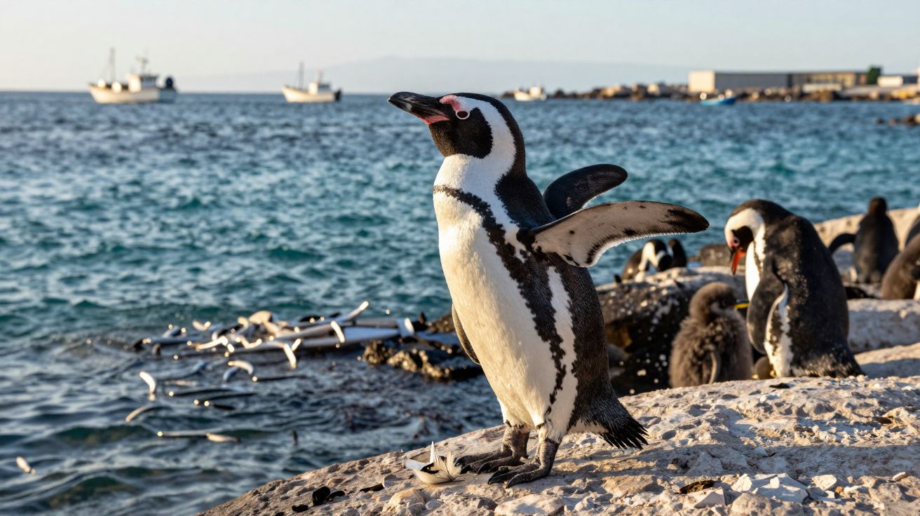 Pinguim africano numa rocha junto ao mar com outros pinguins e barcos ao fundo.