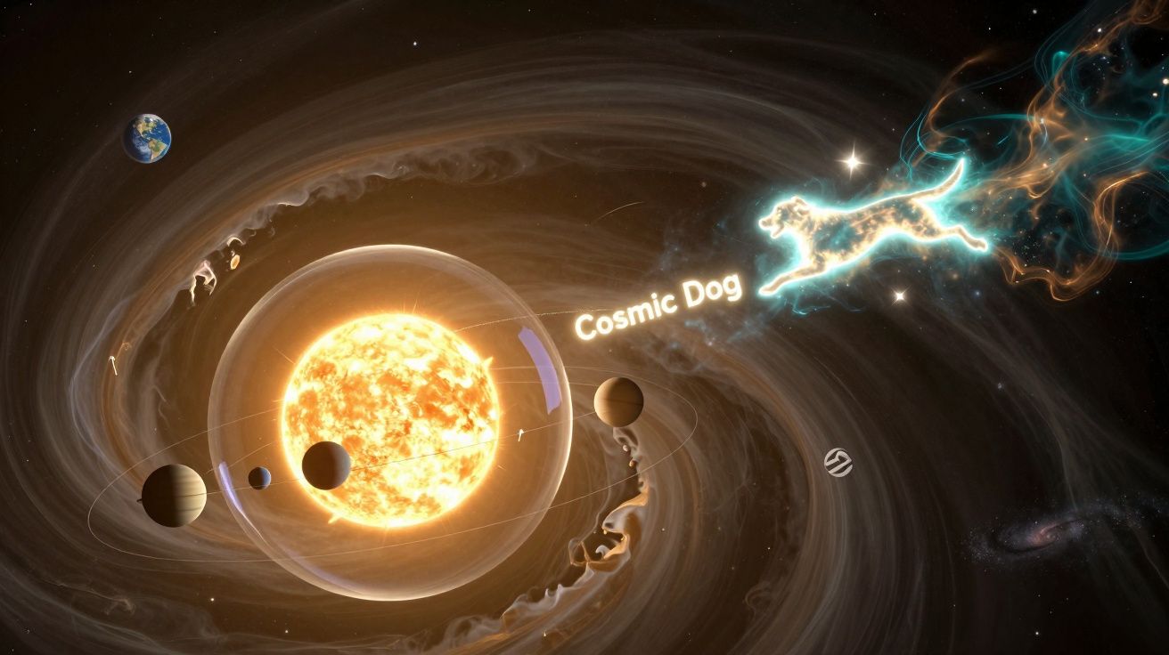 Sistema solar estilizado com o Sol, planetas e a figura luminosa de um cão cósmico no espaço.