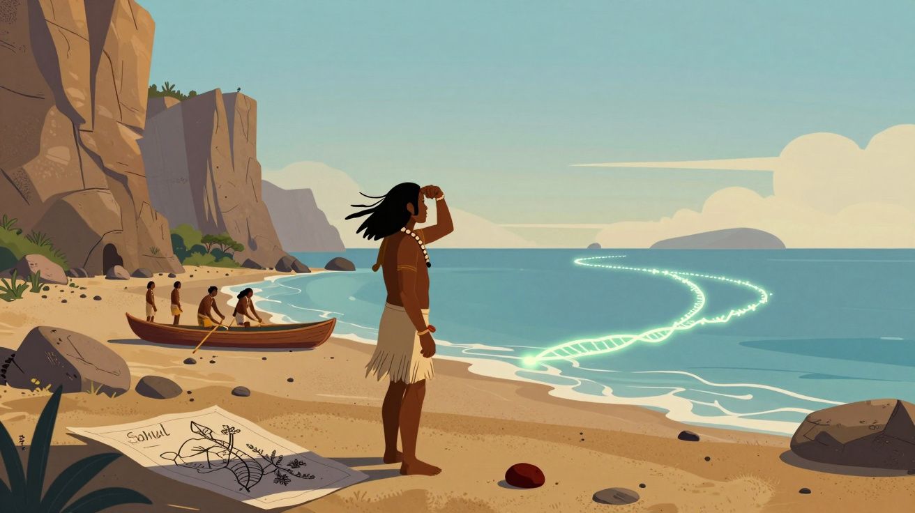 Homem indígena observa traço luminoso no mar enquanto outros remam numa canoa perto de falésias.
