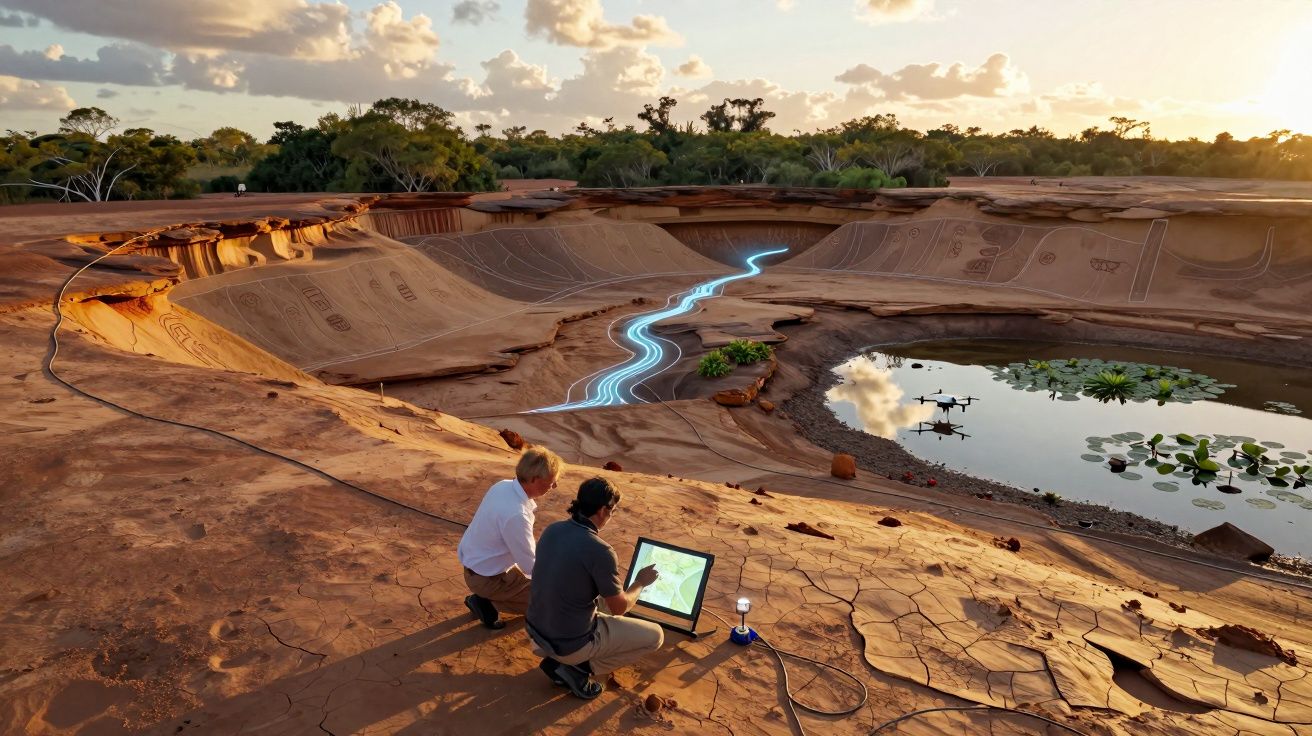 Dois homens analisam mapas num grande reservatório seco com um pequeno lago e um dron próximo da água.