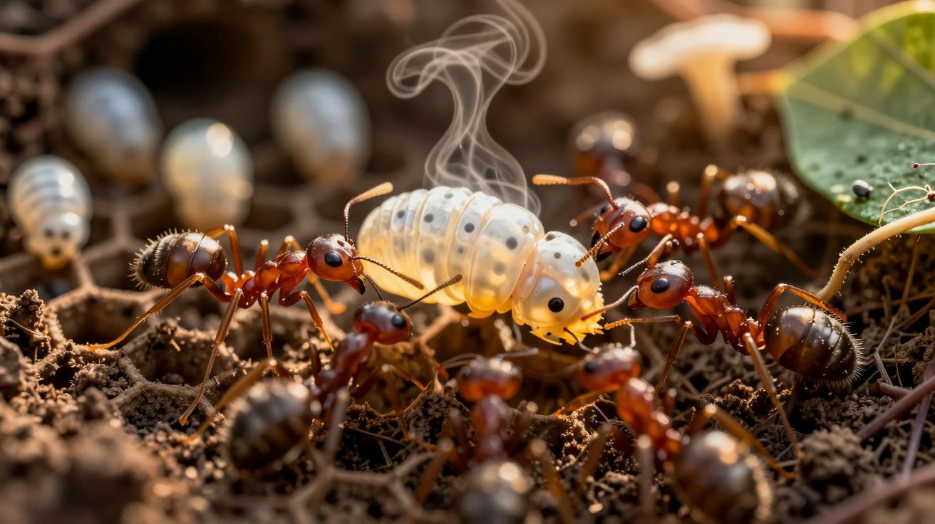 Formigas vermelhas carregam uma larva branca fumegante sobre solo com folhas e fungos.