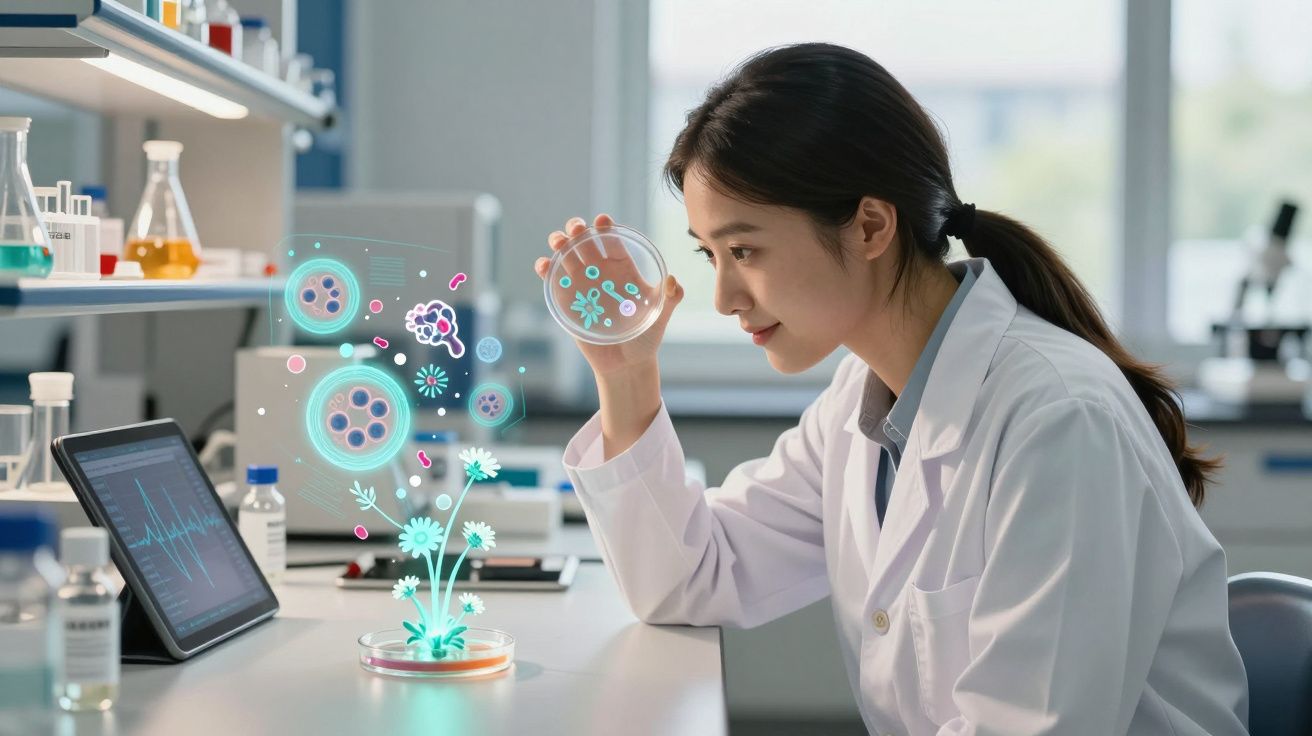 Cientista em laboratório observa placa de Petri com imagens digitais de microrganismos a flutuar.