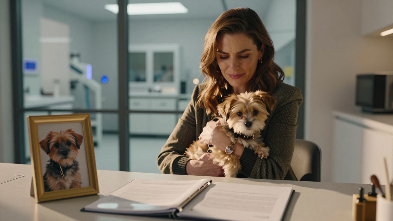 Mulher sentada abraça cão pequeno junto a mesa com documentos e fotografia do cão em moldura dourada.