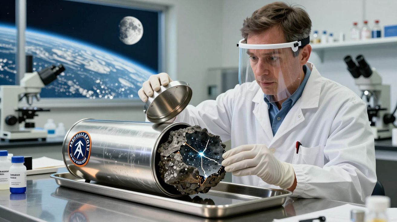 Cientista em laboratório com viseira examina rocha espacial luminosa dentro de recipiente metálico fechado.