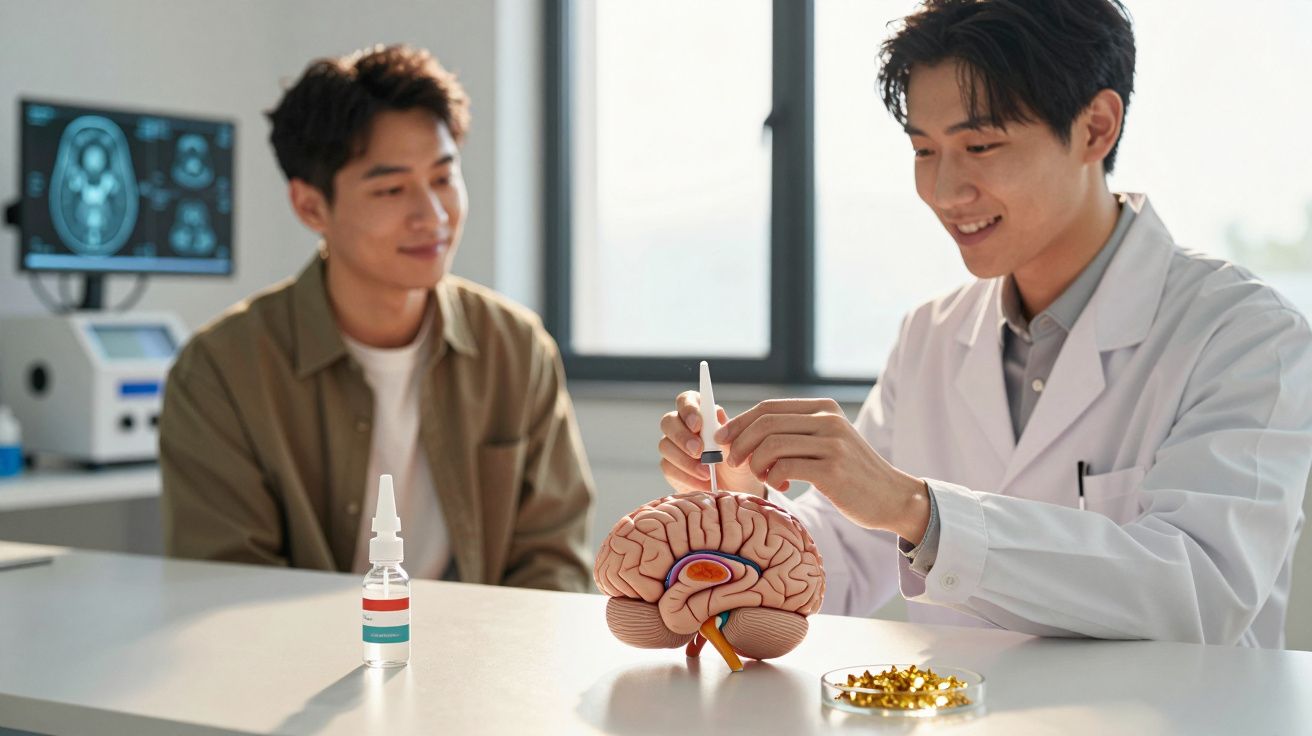 Médico com bata branca demonstra tratamento no modelo anatómico do cérebro a paciente num consultório.