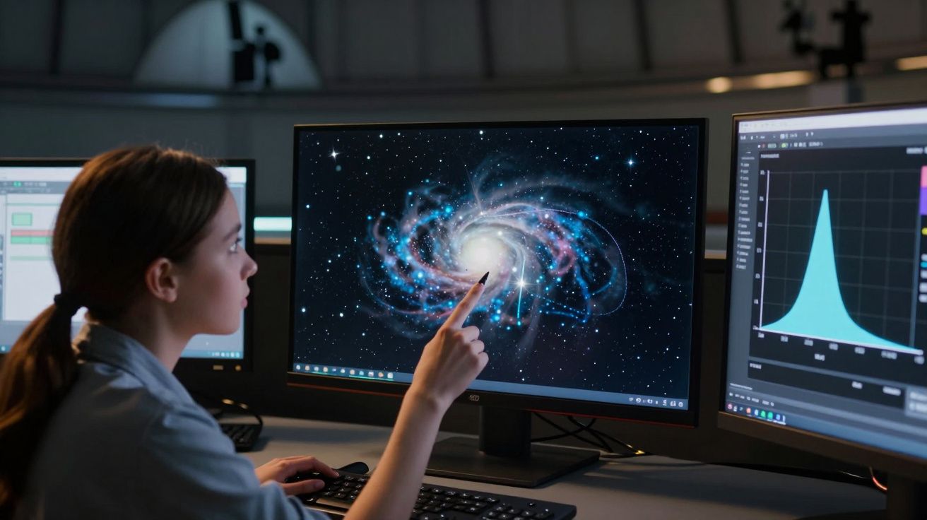 Mulher jovem a apontar para uma galáxia espiral num ecrã de computador num laboratório científico.