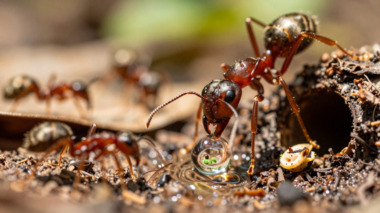 Formiga a beber água junto à entrada do formigueiro numa superfície de terra com outras formigas ao fundo.