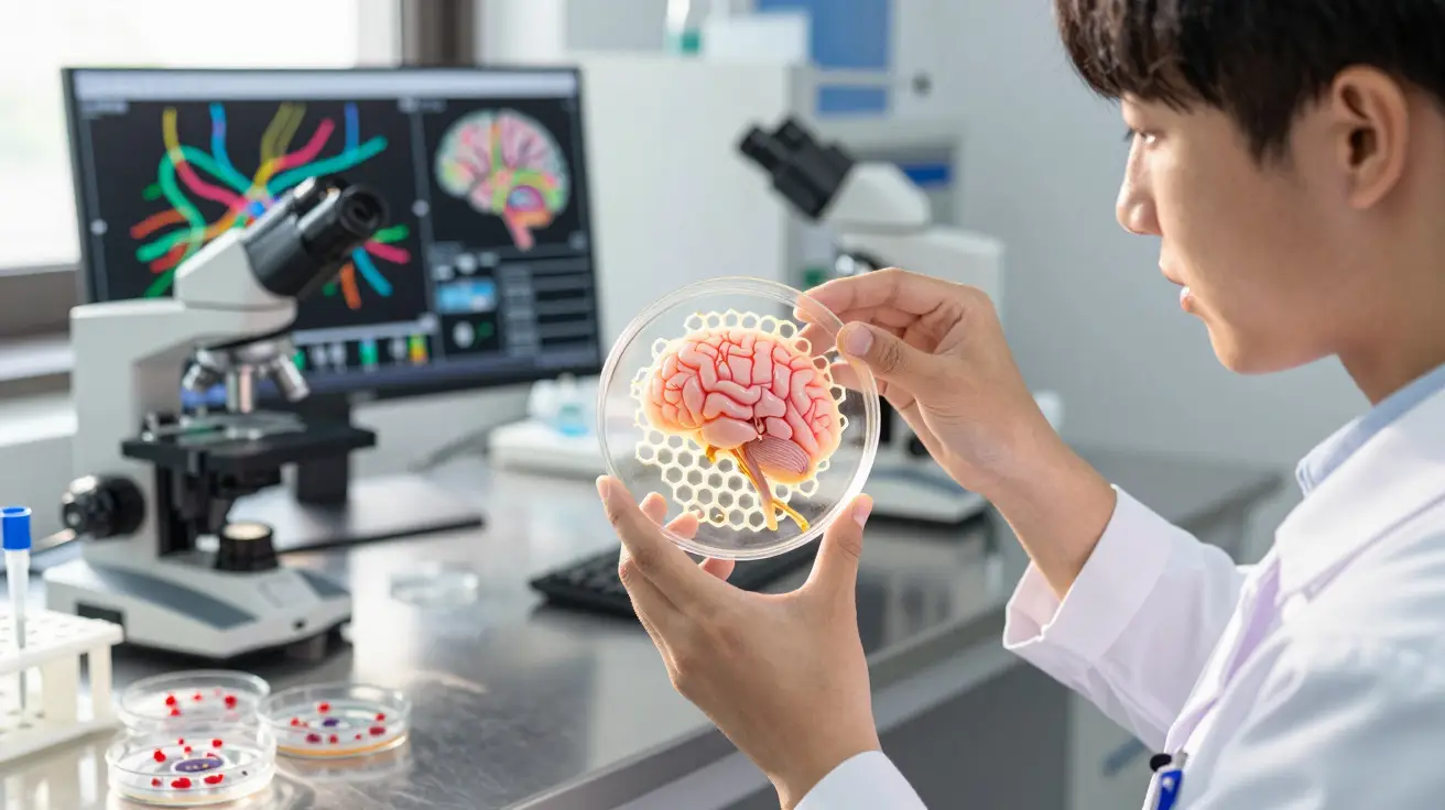 Cientista a analisar placa de petri com imagem de cérebro em laboratório com microscópio e monitor.