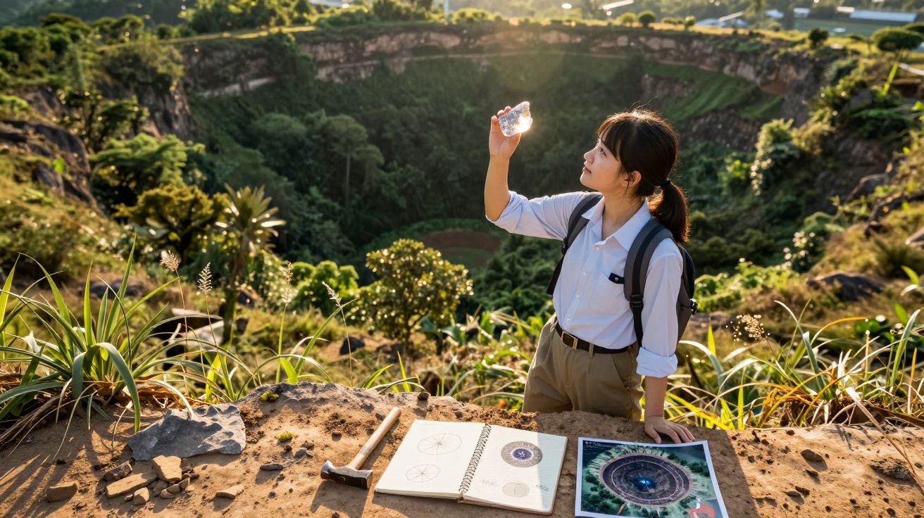 Mulher observa amostra de rocha perto de cratera natural rodeada de vegetação exuberante ao entardecer.