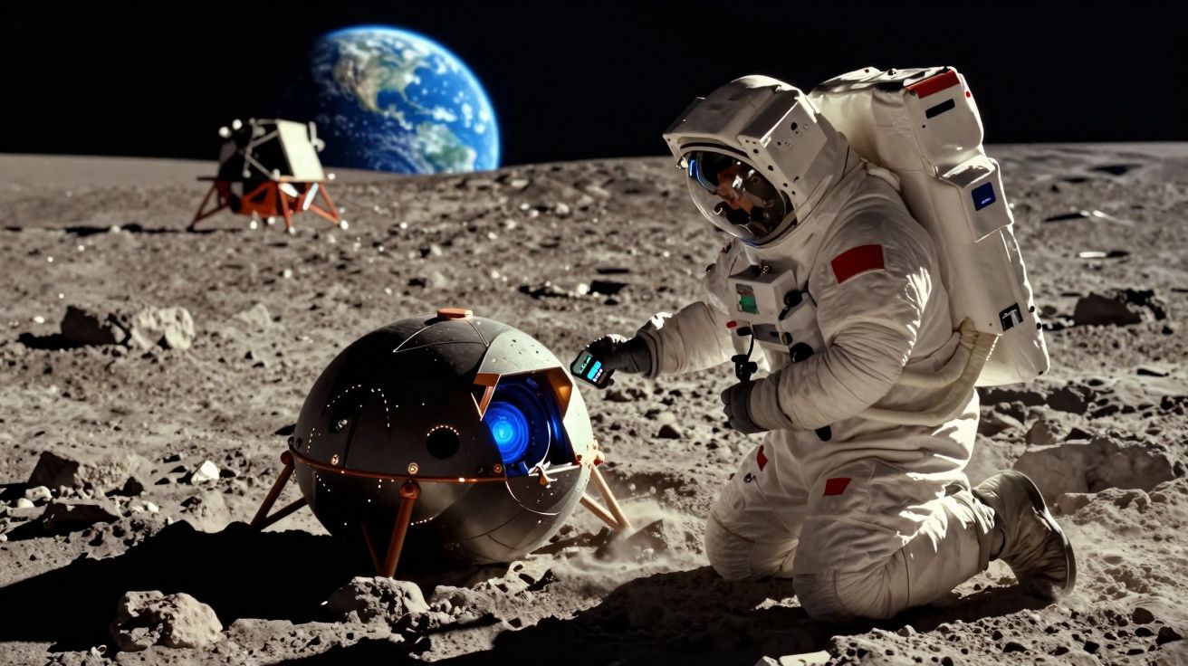 Astronauta em fato espacial interage com robô esférico na superfície lunar com a Terra ao fundo.