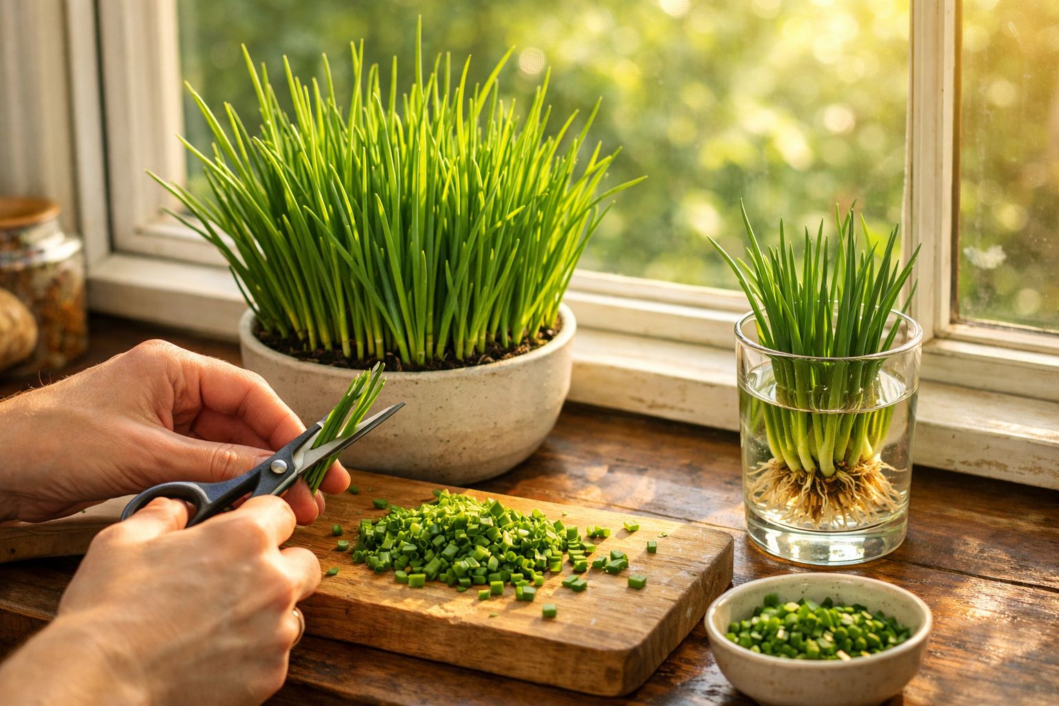 Pessoa a cortar cebolo com tesoura numa tábua, junto a um vaso e um copo com plantas verdes na janela.