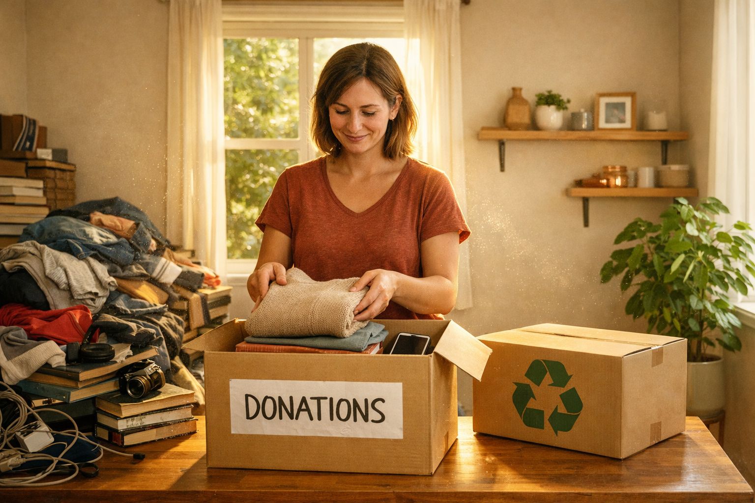 Mulher a doar roupas numa caixa rotulada "Donations" num ambiente acolhedor e luminoso.