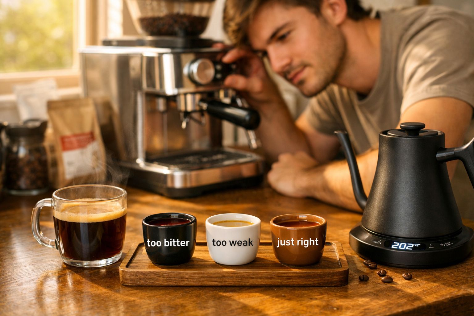 Homem a preparar café expresso com máquina, chávenas com texto sobre intensidade do sabor e bule elétrico.