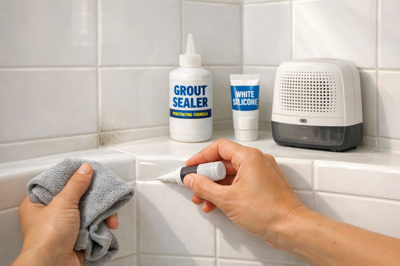 Mãos a aplicar selante branco nas juntas de azulejos num canto de casa de banho com produtos ao fundo.