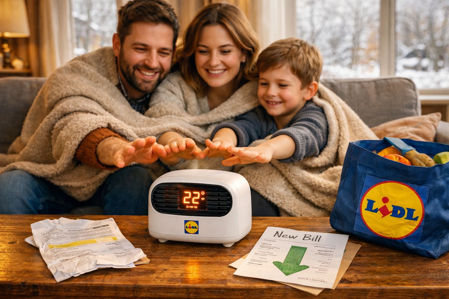 Família sorridente aquece as mãos junto a aquecedor Lidl, rodeada de mantas e sacola com compras no inverno.