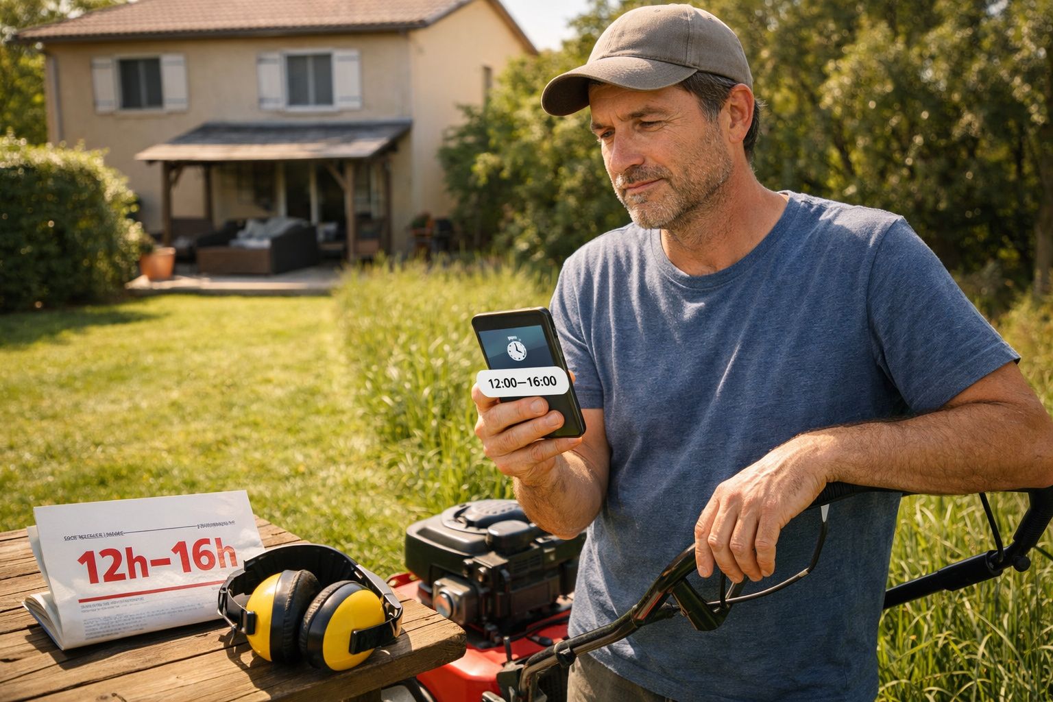 Homem com boné e t-shirt azul verifica horários no telemóvel junto a cortador de relva num jardim.