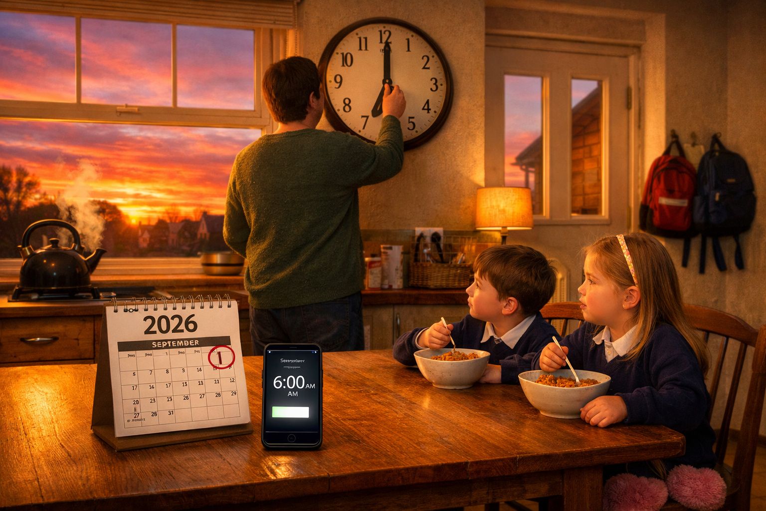 Crianças a tomar pequeno-almoço às 6:00 da manhã enquanto adulto ajusta relógio ao amanhecer em 1 de setembro de 2026.