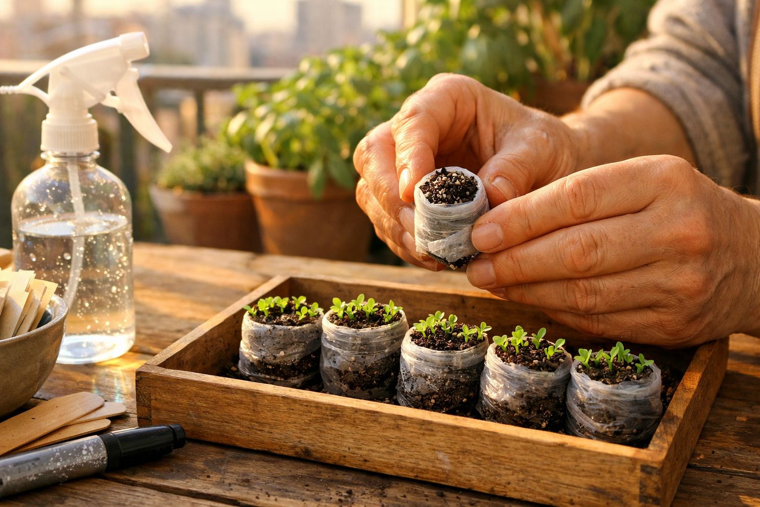 Mãos plantando sementes em pequenos vasos com terra, próximo a pulverizador e plantações em vasos.