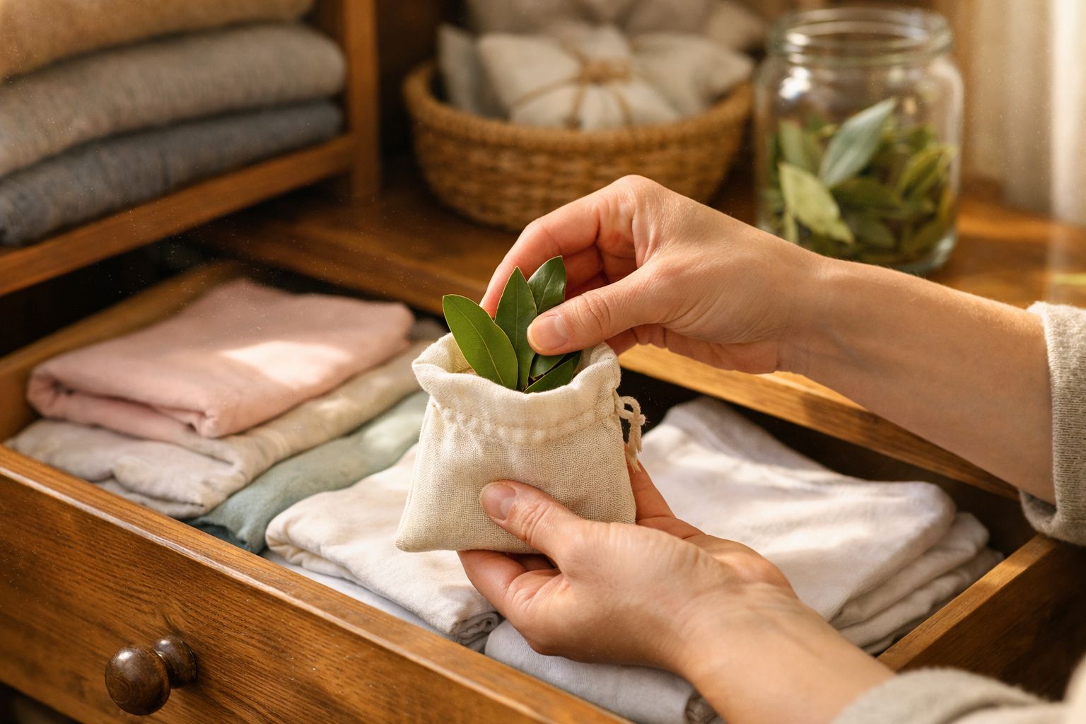 Mãos a colocar folhas verdes em saco de tecido junto a gaveta com roupas dobradas e almofada decorativa.