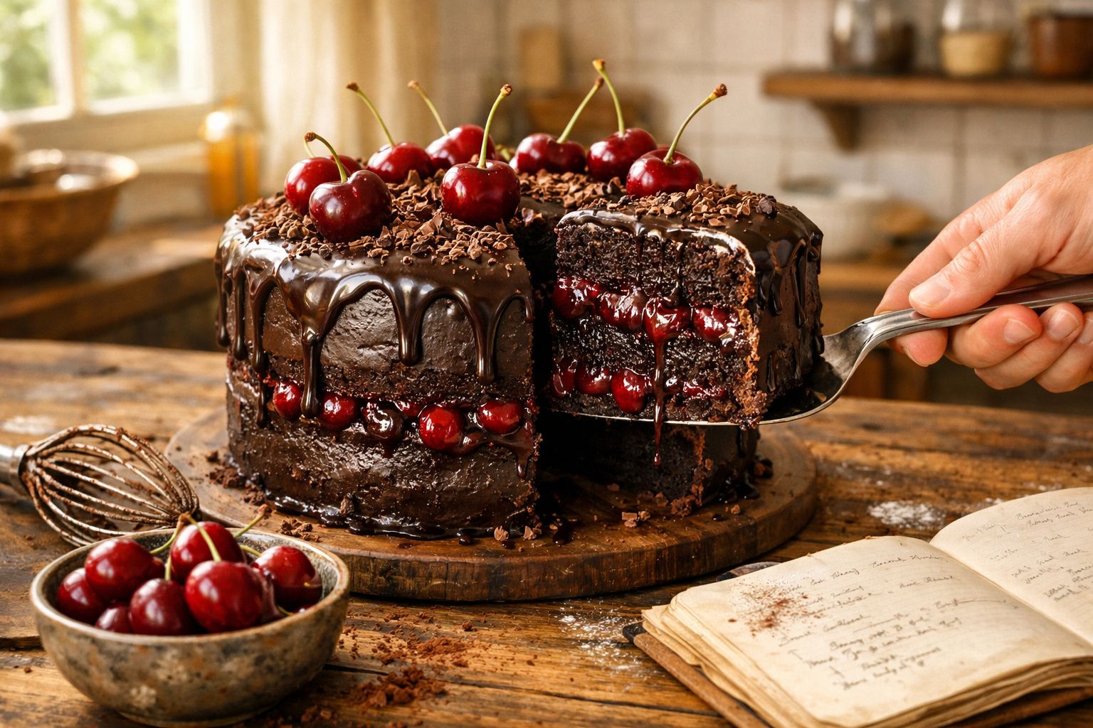 Bolo de chocolate com recheio e cobertura de cereja, decorado com cerejas frescas no topo.