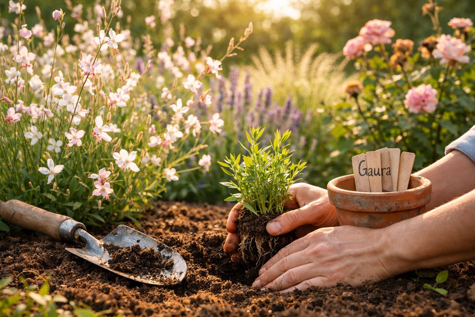 Pessoa a plantar uma muda de flor Gaura no jardim com ferramenta de jardinagem ao lado.