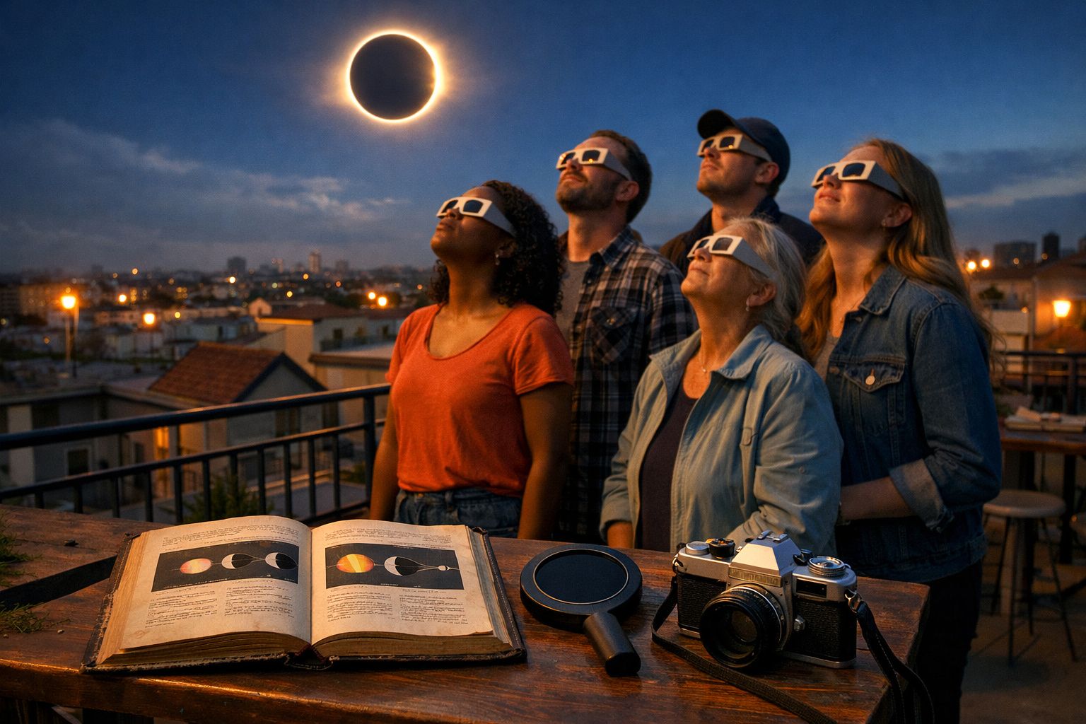 Cinco pessoas de óculos solares observam eclipse solar na cidade com livro, lupa e câmera em mesa.