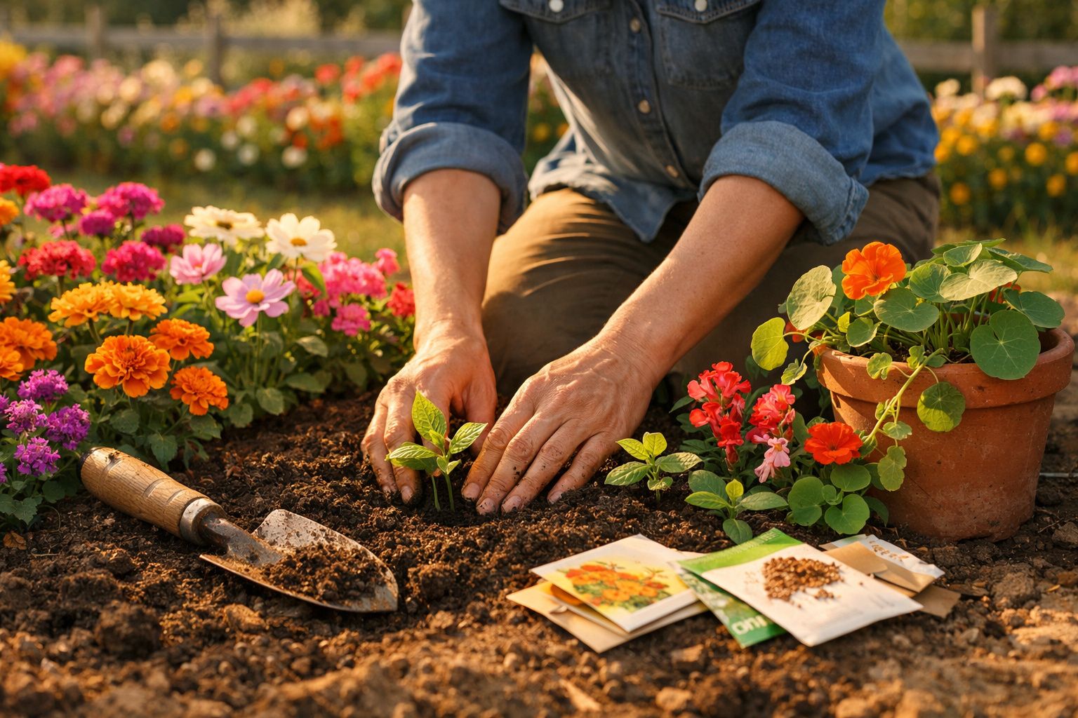 Pessoa a plantar mudas de flores em solo fértil rodeada de flores coloridas e sementes.