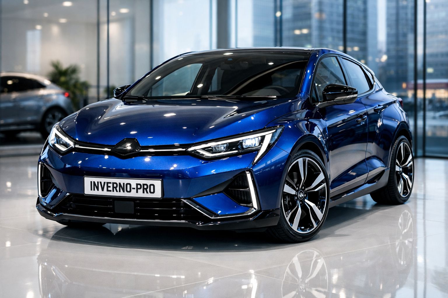 Automóvel hatchback azul metálico com faróis modernos, rodas desportivas e matrícula a indicar INVERNO-PRO.