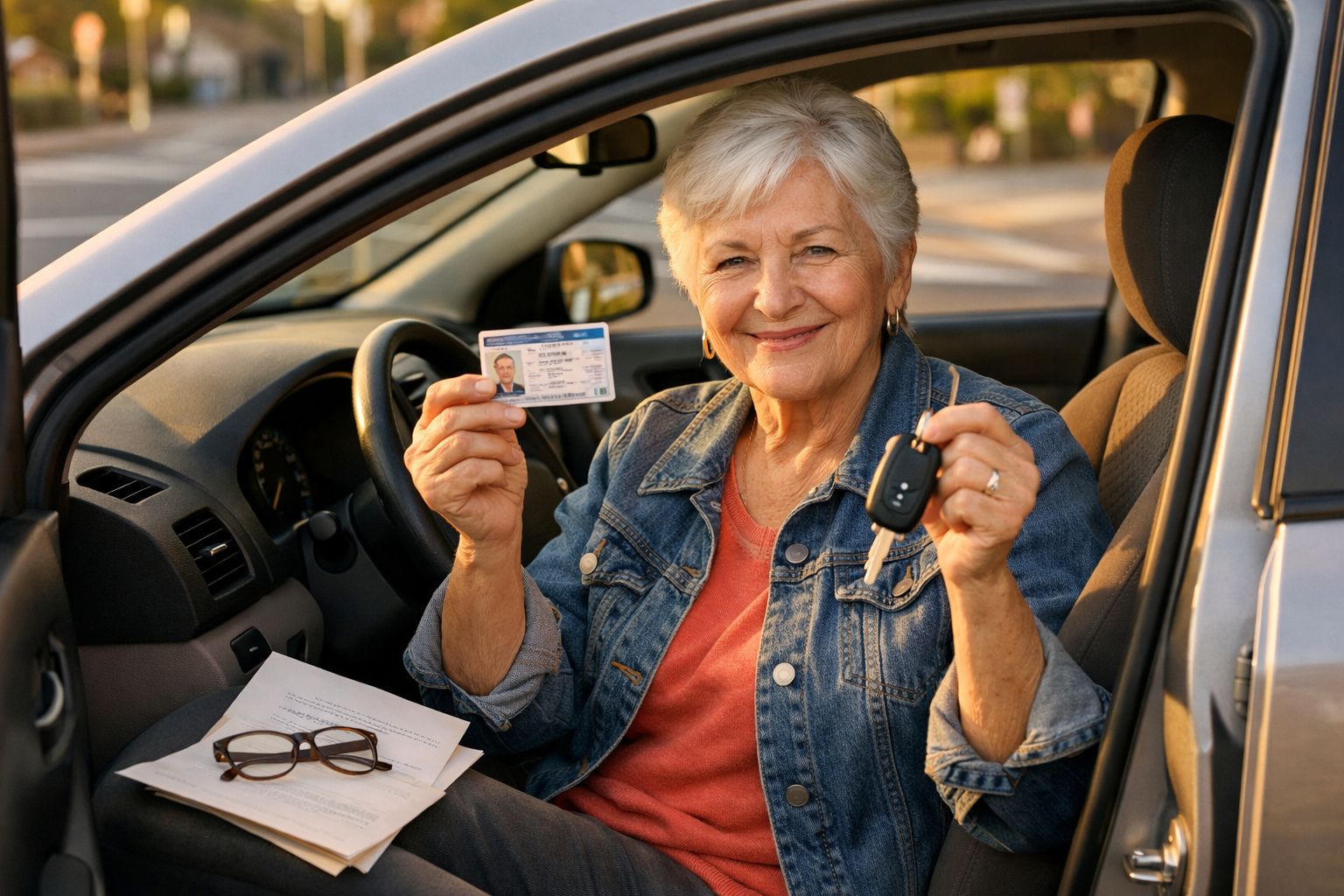 Mulher idosa sorridente sentada no carro a mostrar carta de condução e chave do carro.