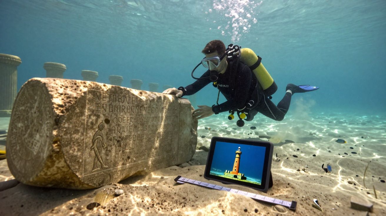 Mergulhador examina uma antiga inscrição numa pedra subaquática com tablet e régua ao lado.