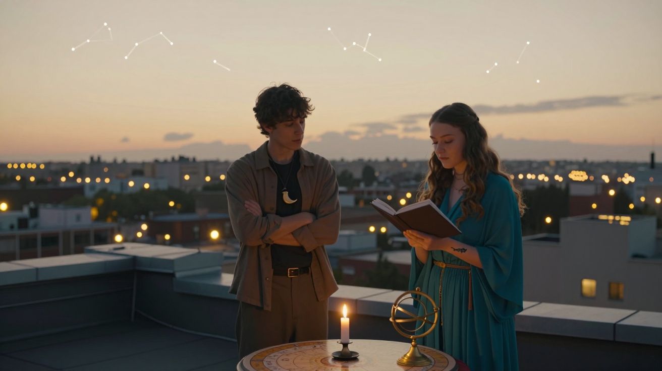 Jovem observa mulher a ler livro junto a vela e astrolábio em terraço ao anoitecer com céu estrelado.