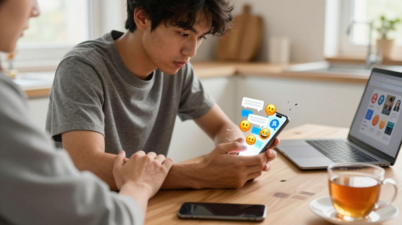 Homem preocupado a olhar para o telemóvel com mensagens e emojis de tristeza e confusão.