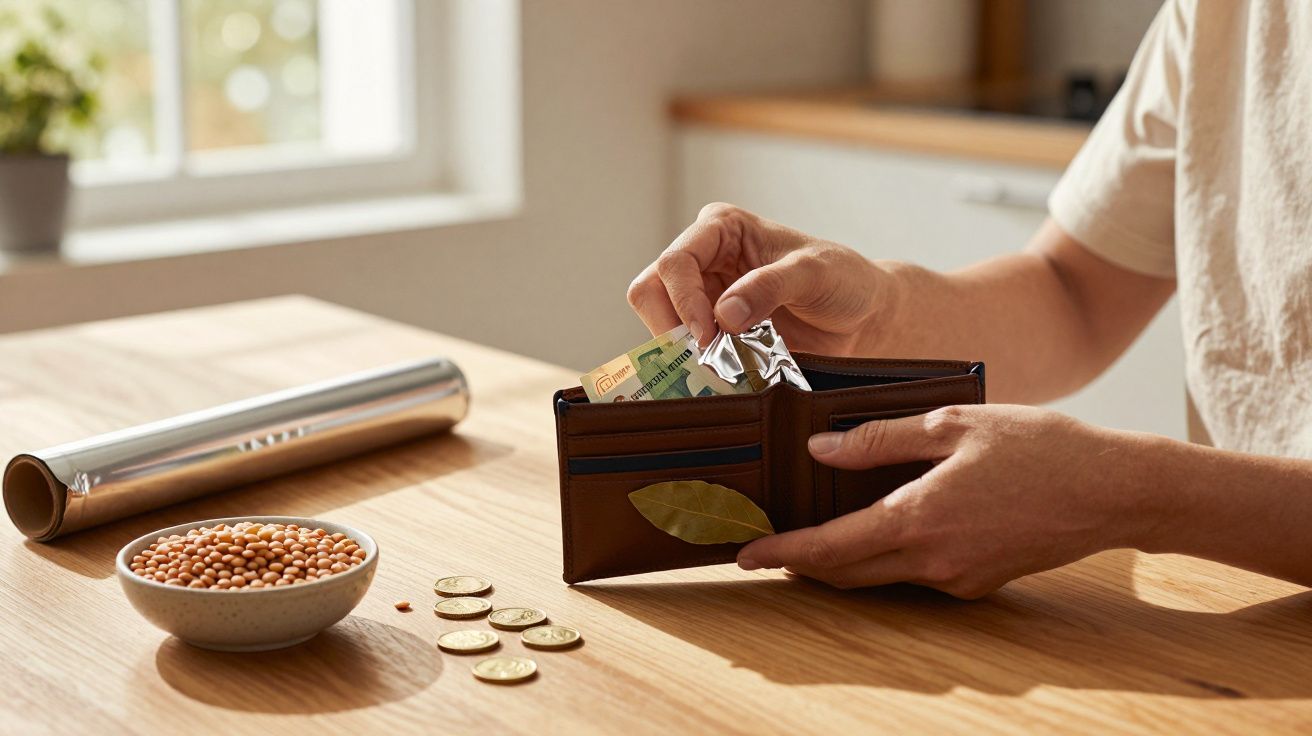 Pessoa a colocar medicamentos numa carteira de couro em cima de mesa com moedas e um prato de sementes.