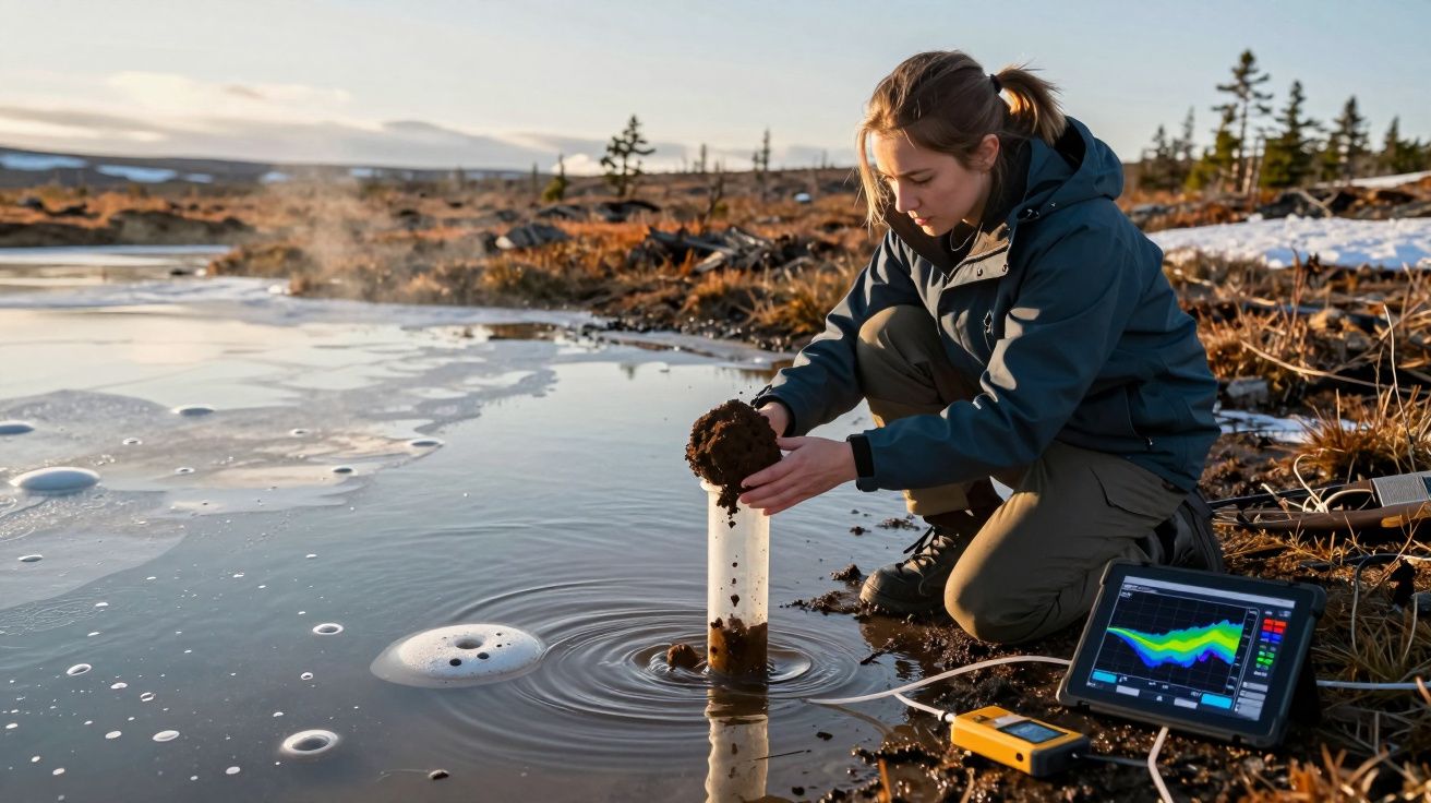 Mulher recolhe amostra de lama numa zona húmida, com equipamento de monitorização científica ao lado.