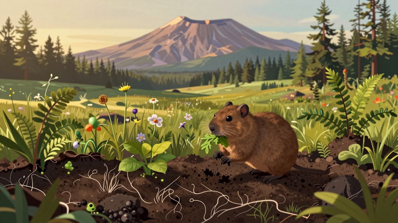 Pequeno roedor castanho a comer junto a plantas e flores num campo verde com montanha e pinheiros ao fundo.