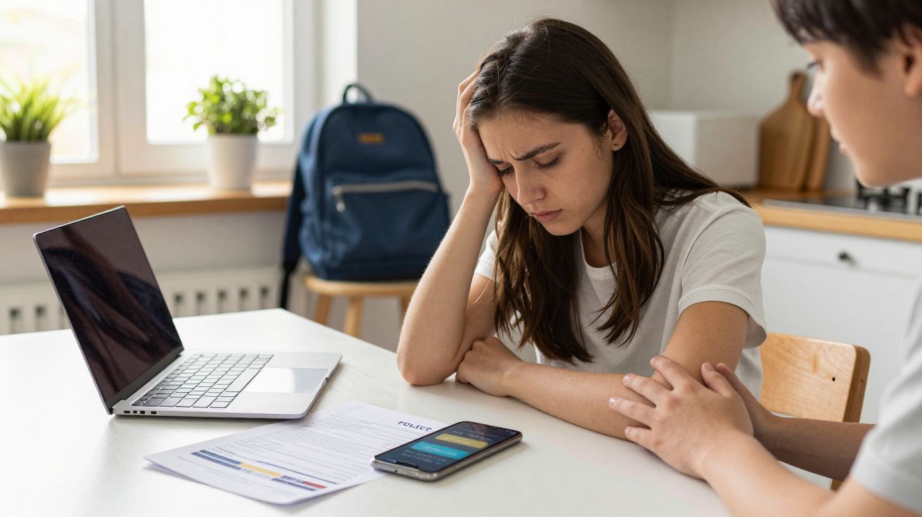 Mulher com expressão preocupada sentada à mesa com computador, documentos e telemóvel, recebe apoio de outra pessoa.