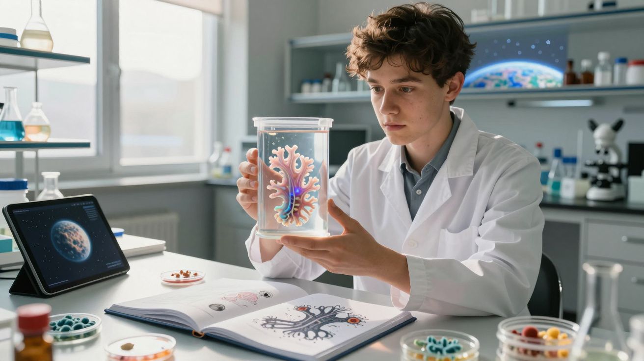 Jovem cientista em laboratório analisa modelo biológico colorido em recipiente transparente, sentado com livros e tablet.