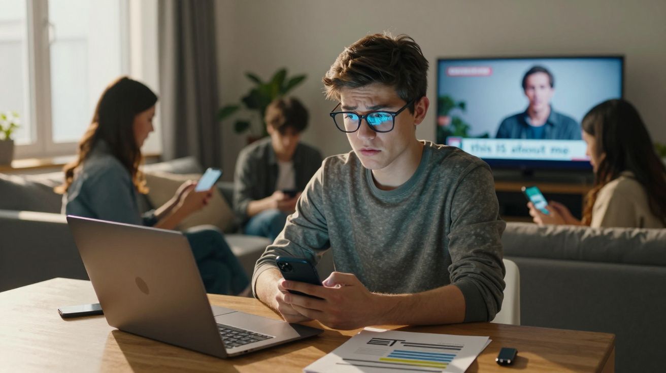 Jovem preocupado a olhar para o telemóvel, sentado à mesa com computador, enquanto outras pessoas usam telemóveis ao fundo.