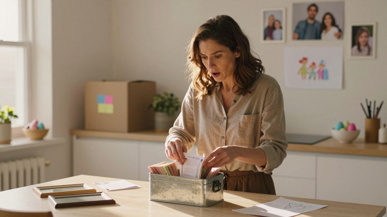 Mulher com expressão preocupada manuseia documentos numa caixa metálica numa cozinha iluminada.