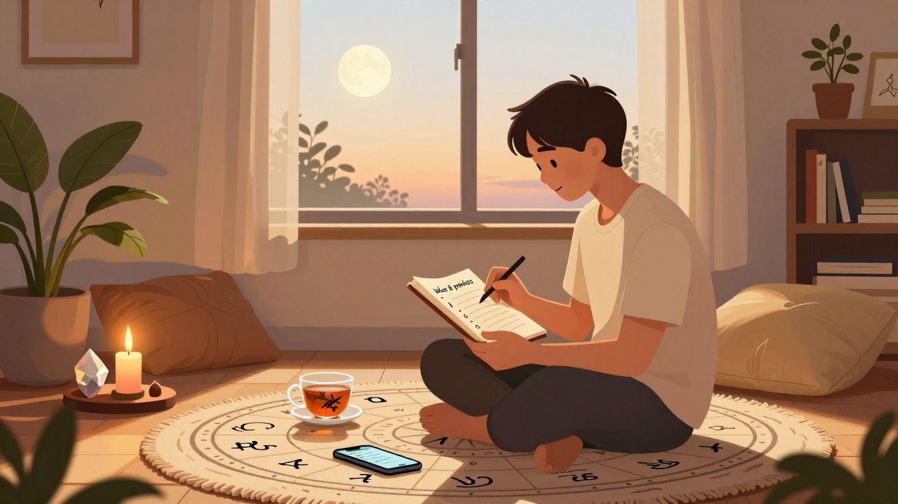 Pessoa sentada num tapete redondo, a escrever num caderno, com chá e vela acesa à sua volta ao entardecer.