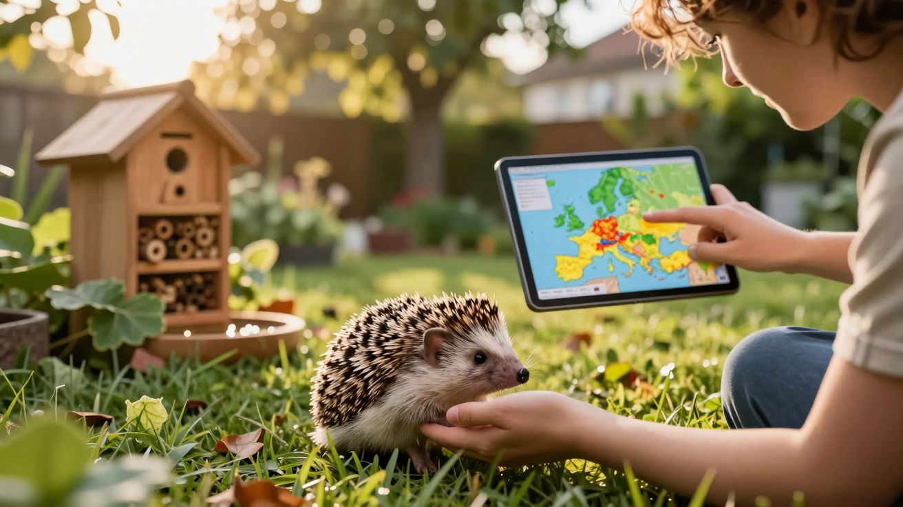 Criança no jardim a tocar um ouriço-cacheiro, segurando um tablet com mapa da Europa.