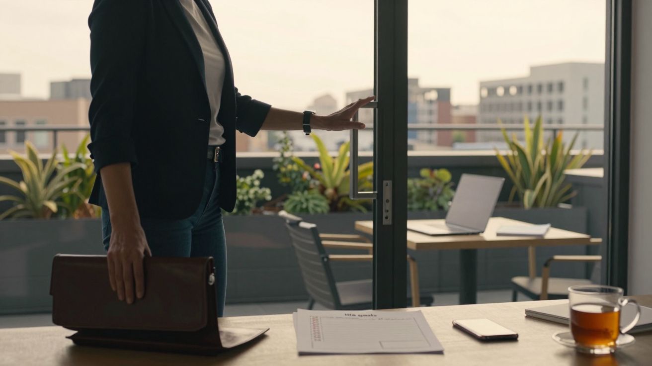 Pessoa a abrir porta de vidro numa sala de escritório com mesa, documentos, telemóvel e chá.