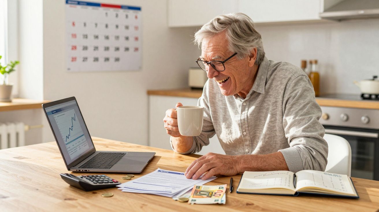 Homem sénior alegre analisa documentos e gráfico no laptop enquanto bebe café na cozinha.