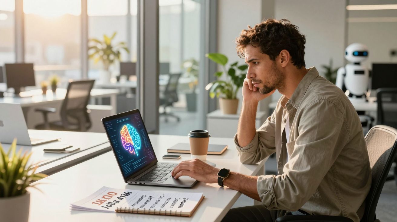 Homem a trabalhar num escritório moderno com imagem digital de cérebro no ecrã do portátil.