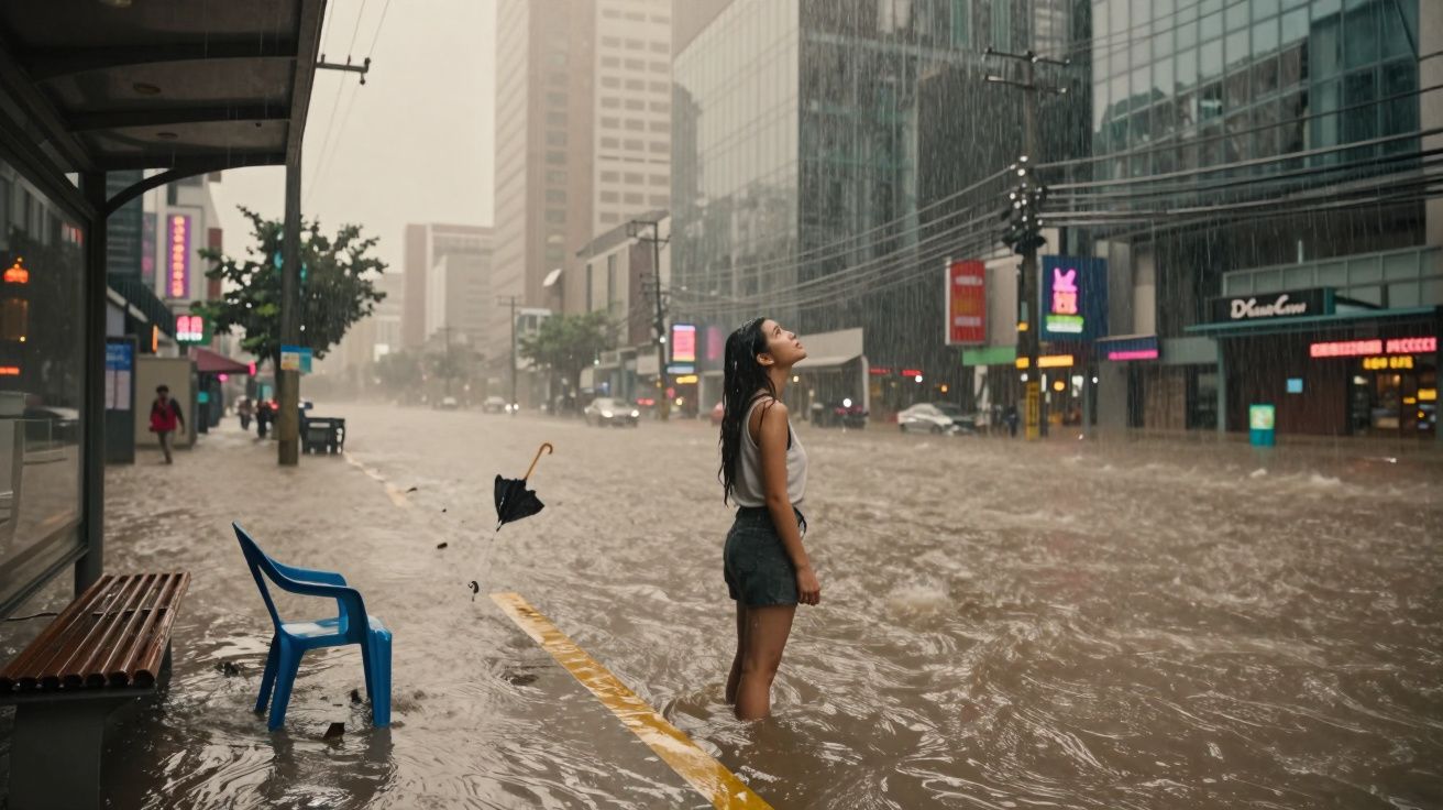 Jovem de pé numa rua inundada de cidade, com chuva intensa e guarda-chuva preto ao vento.
