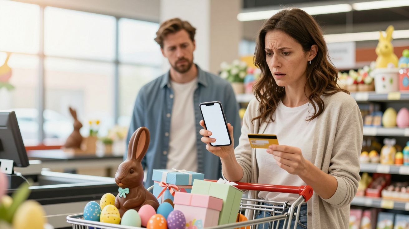 Mulher preocupada com cartão de crédito ao fazer compras de Páscoa, com homem ao fundo numa loja decorada.