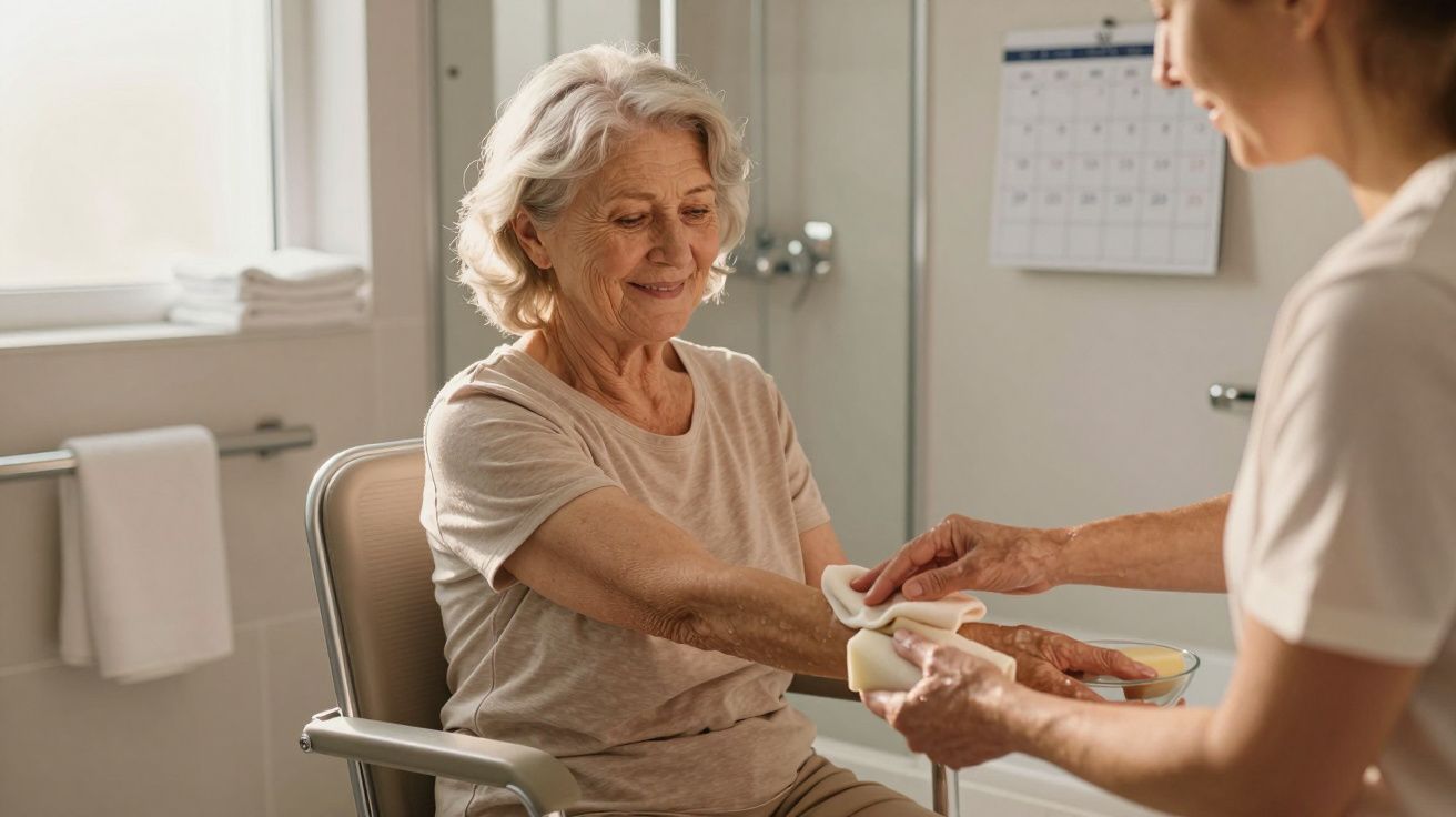 Idosa sentada numa cadeira a receber tratamento numa ferida no braço por uma cuidadora.