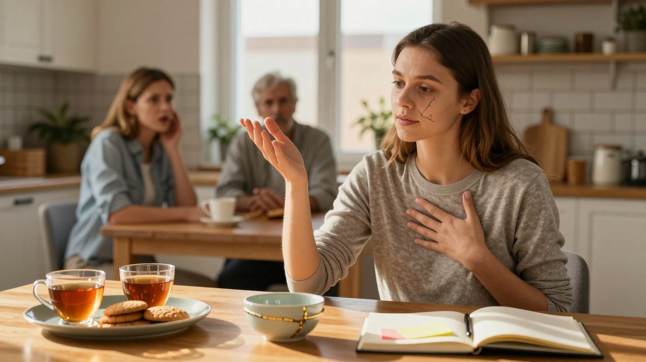 Jovem com cicatriz no rosto sentada à mesa com chá e bolachas, enquanto casal discute ao fundo.