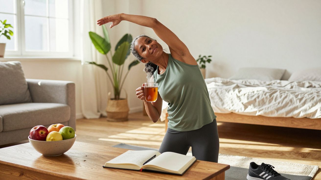 Mulher faz exercício de alongamento lateral em sala, segurando chá e com livro aberto na mesa à frente.