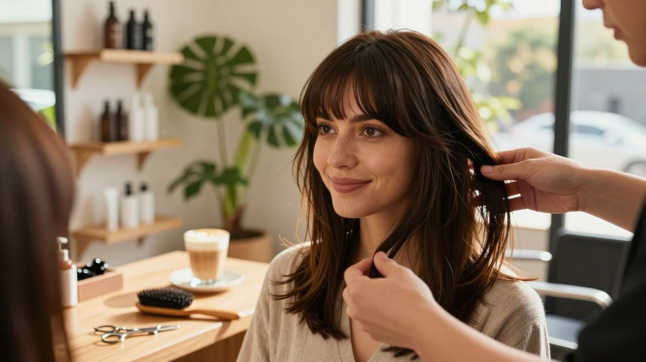 Mulher sorridente a ser penteada num salão de beleza com luz natural e decoração moderna.